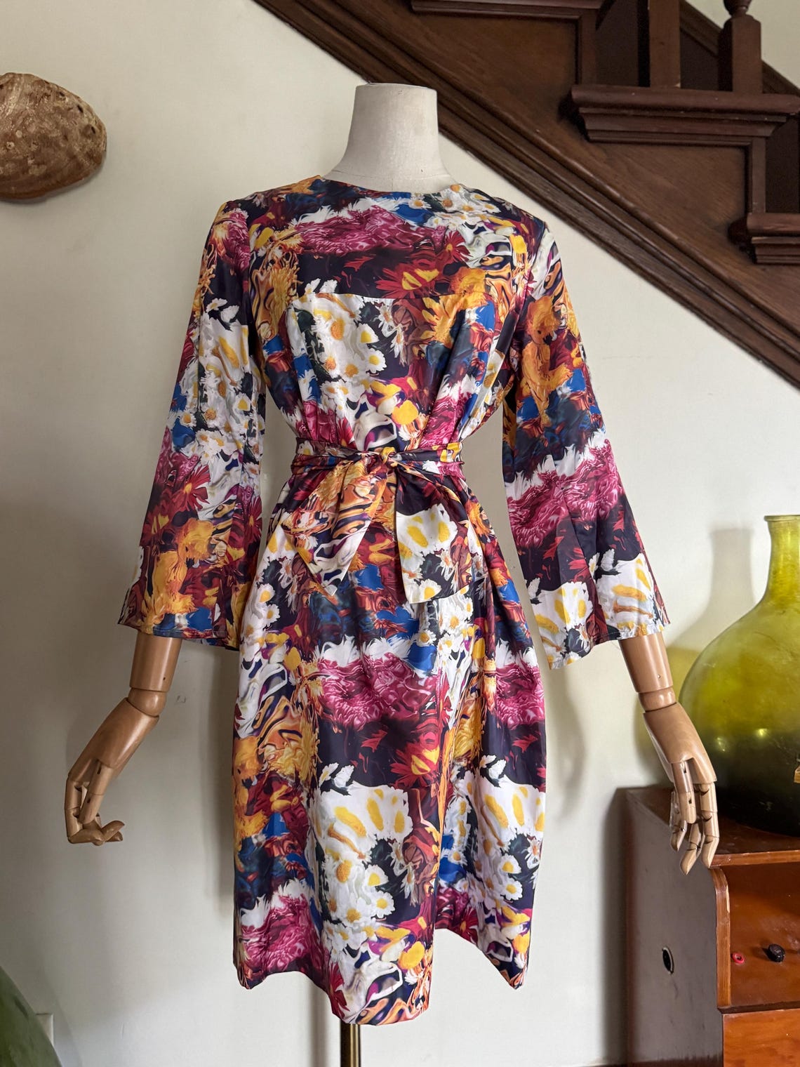 1960s Melting Floral Print Flare Sleeve Dress