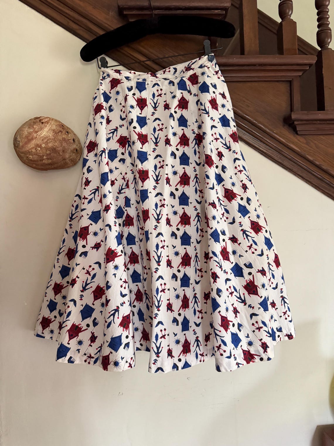 1950s Blue and Red Harleqiun Print Gored Skirt
