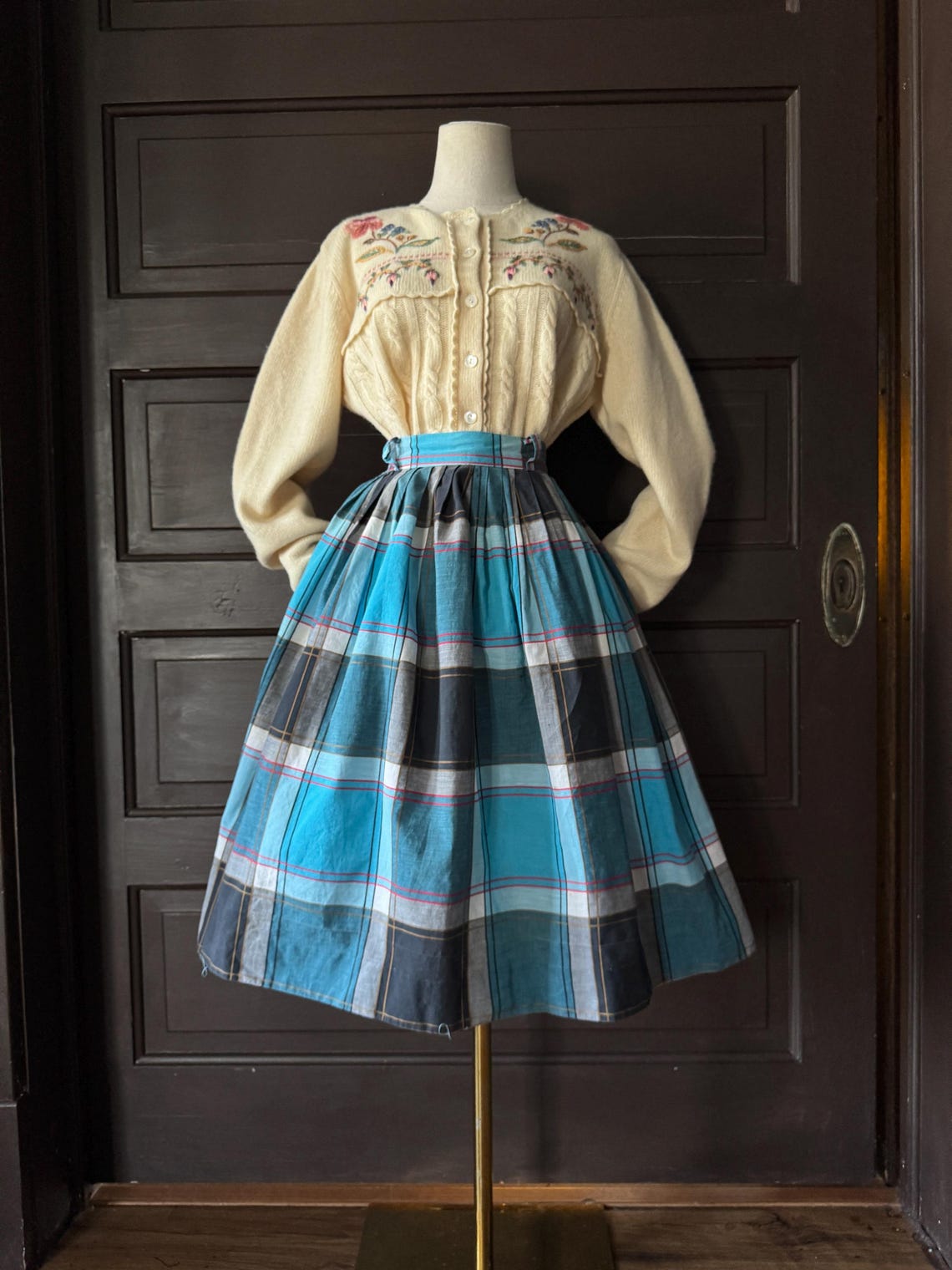 1950s Blue plaid full skirt