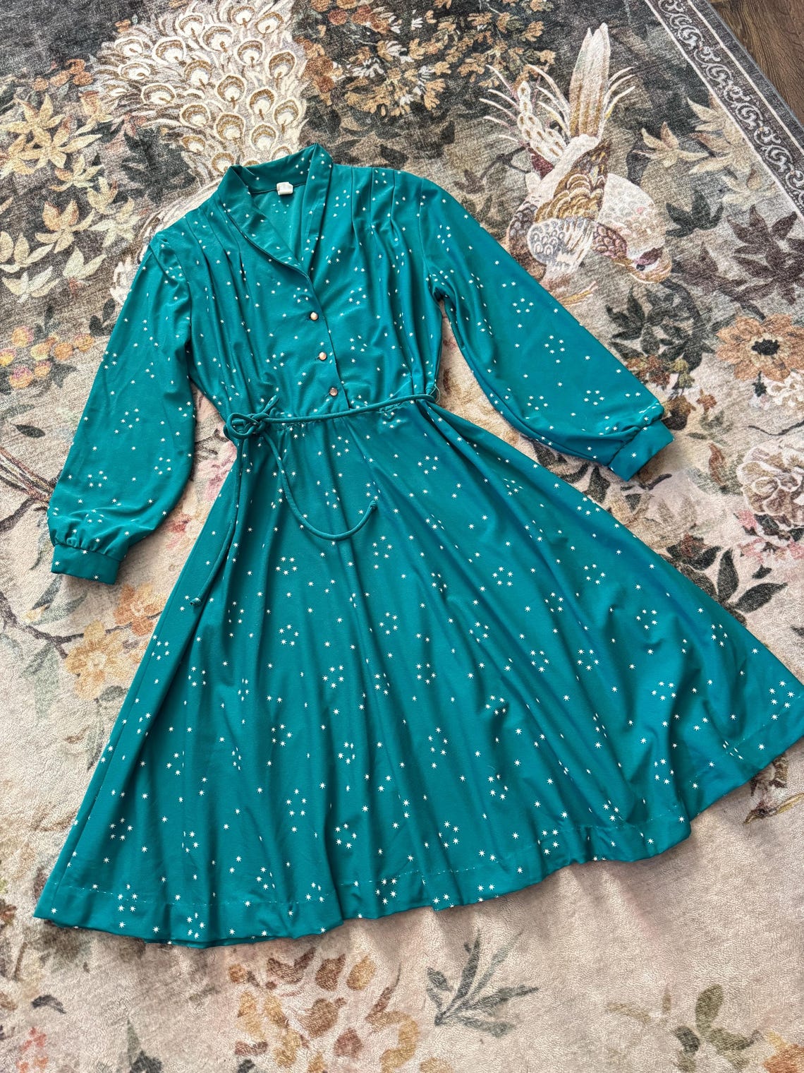 1980s Teal Star Print Long Sleeve Fit & Flare Dress