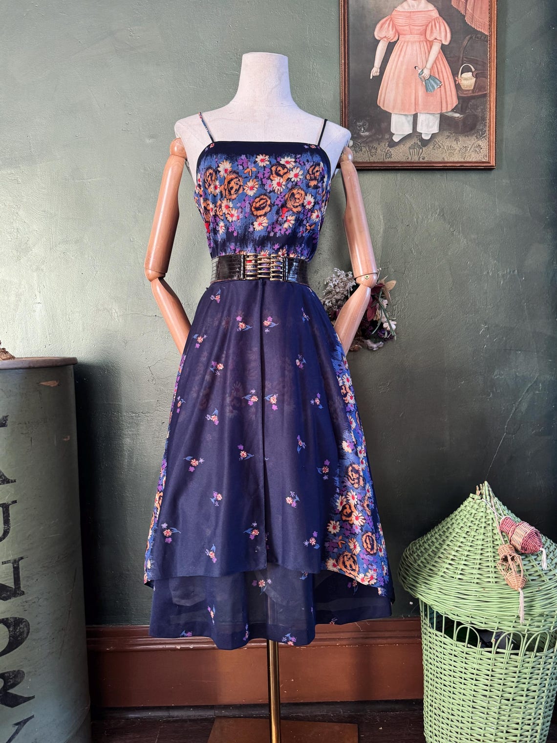 1970s Navy Tiered Floral Sundress