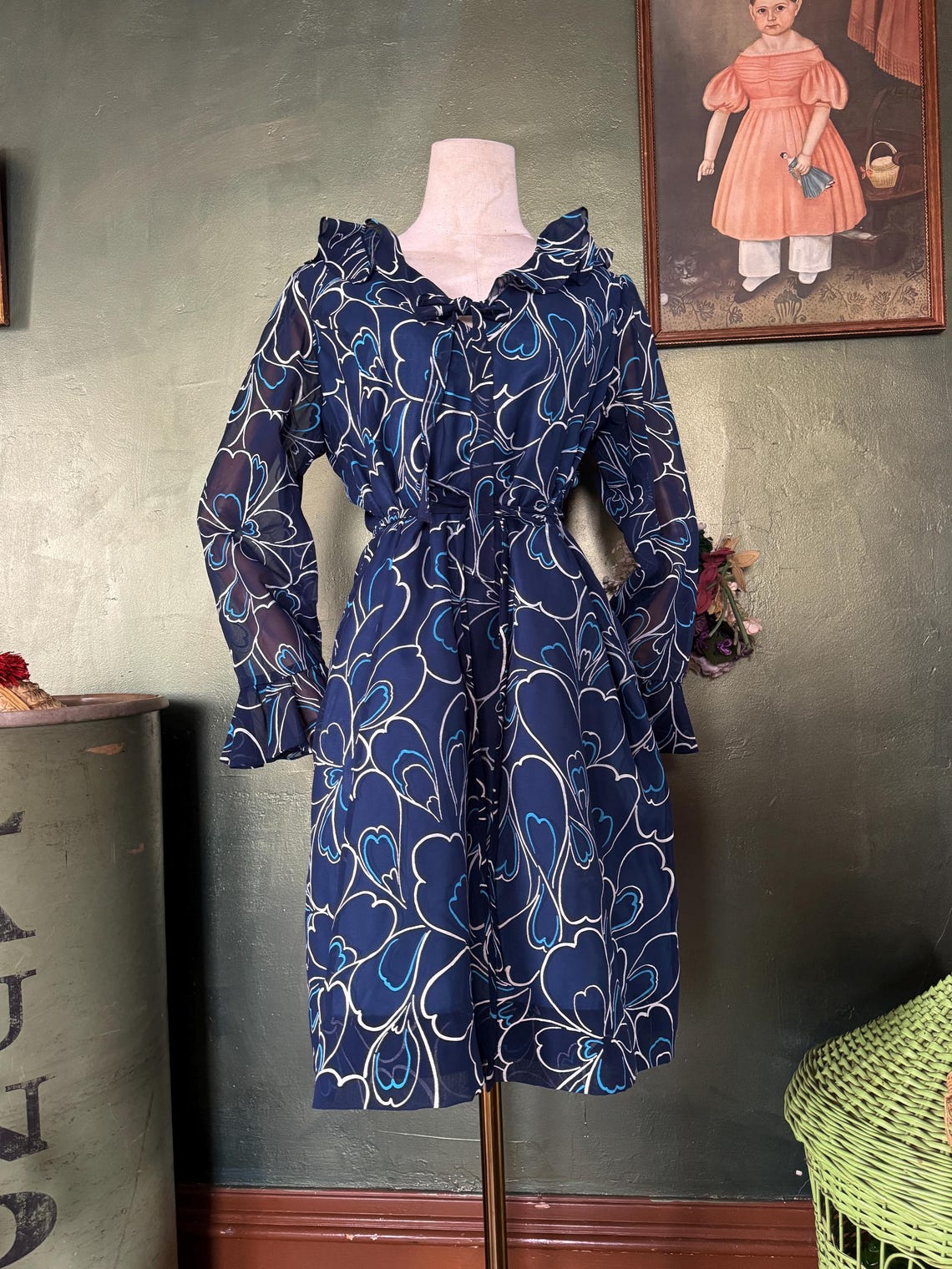 1960s Blue Floral Ruffled Dress