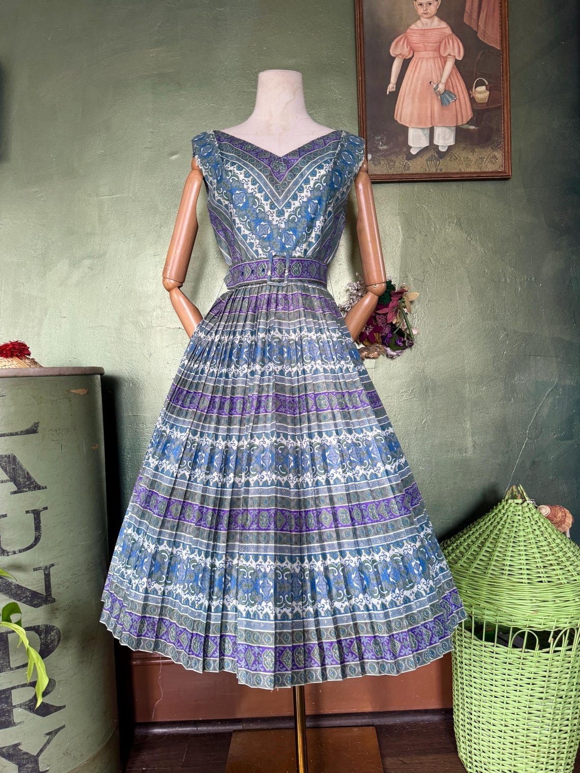 1960s Green and Purple Geometric Print Pleated Fit & Flare Dress