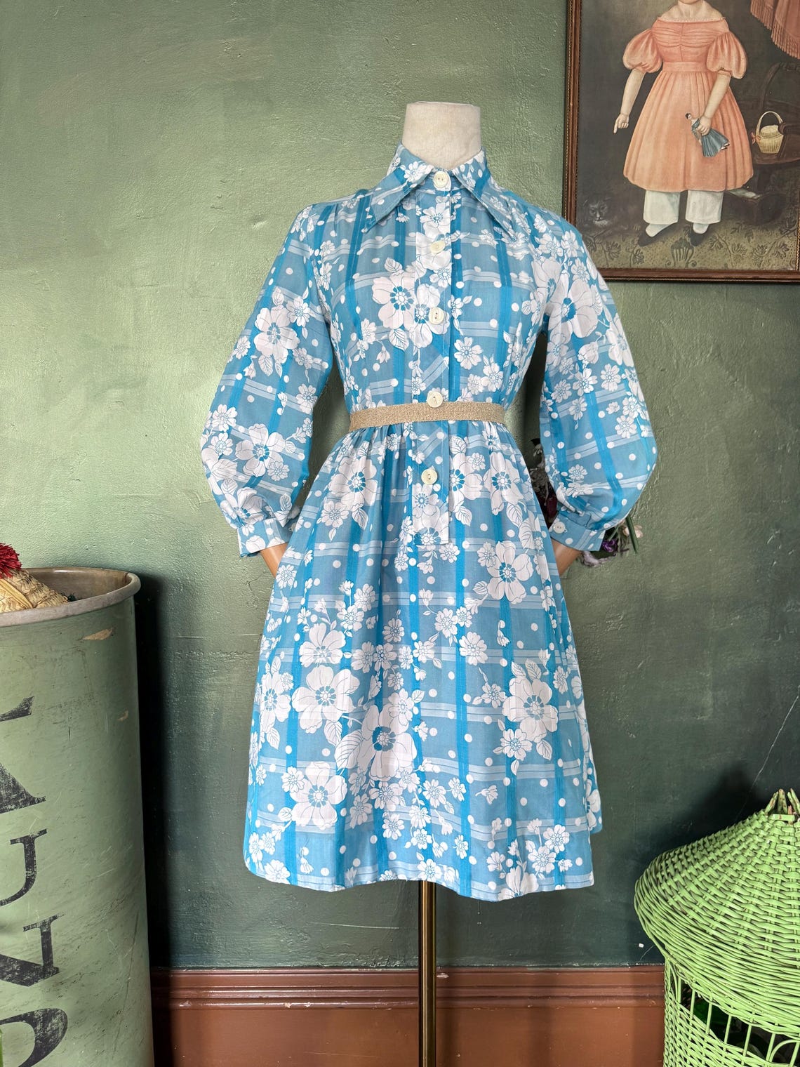 1960s Blue & White Floral Striped Shirtdress