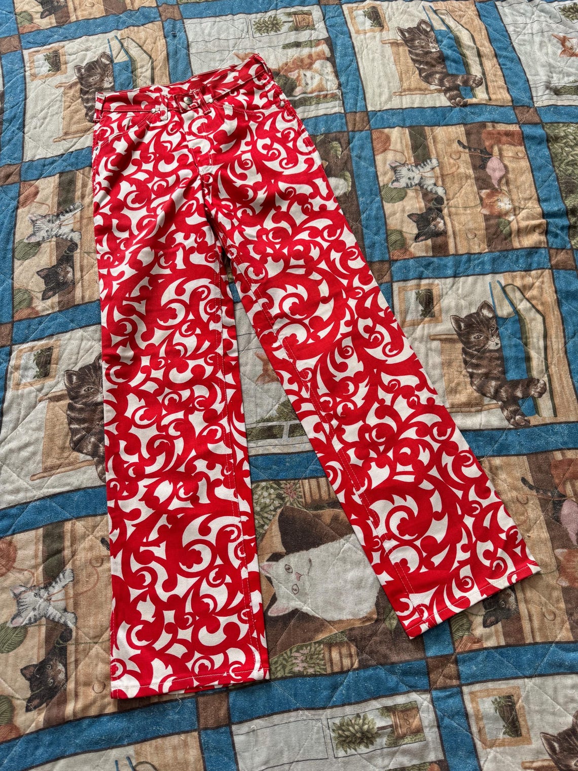 1960s Deadstock Red & White Printed Denim