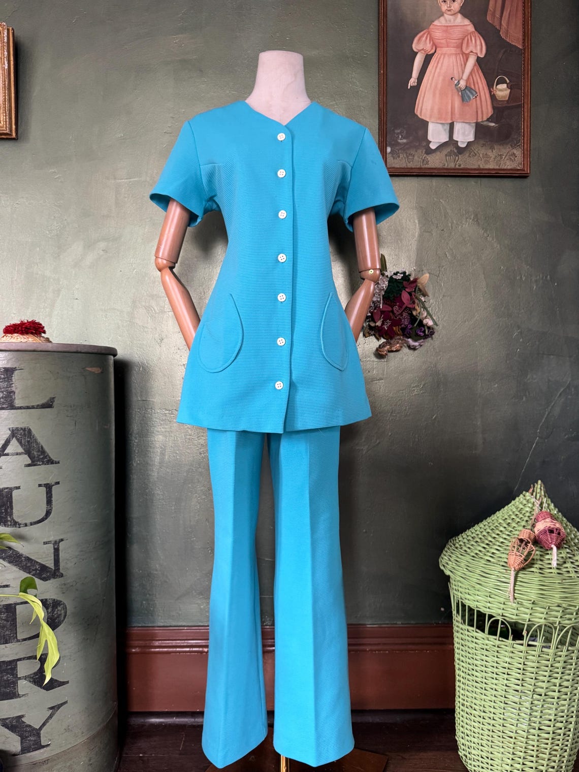 1970s Bright Blue Textured Pantsuit
