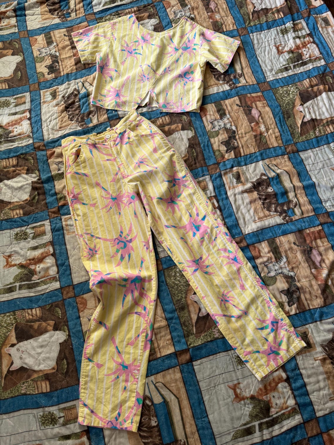 1980s Early 90s Yellow Tropical Print New Wave Pantsuit
