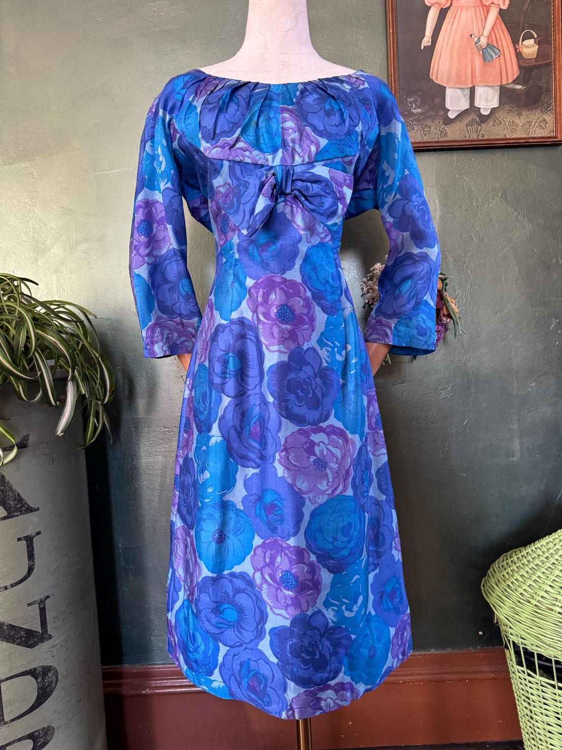 1950s  Blue & Purple Floral Print Sheath Dress
