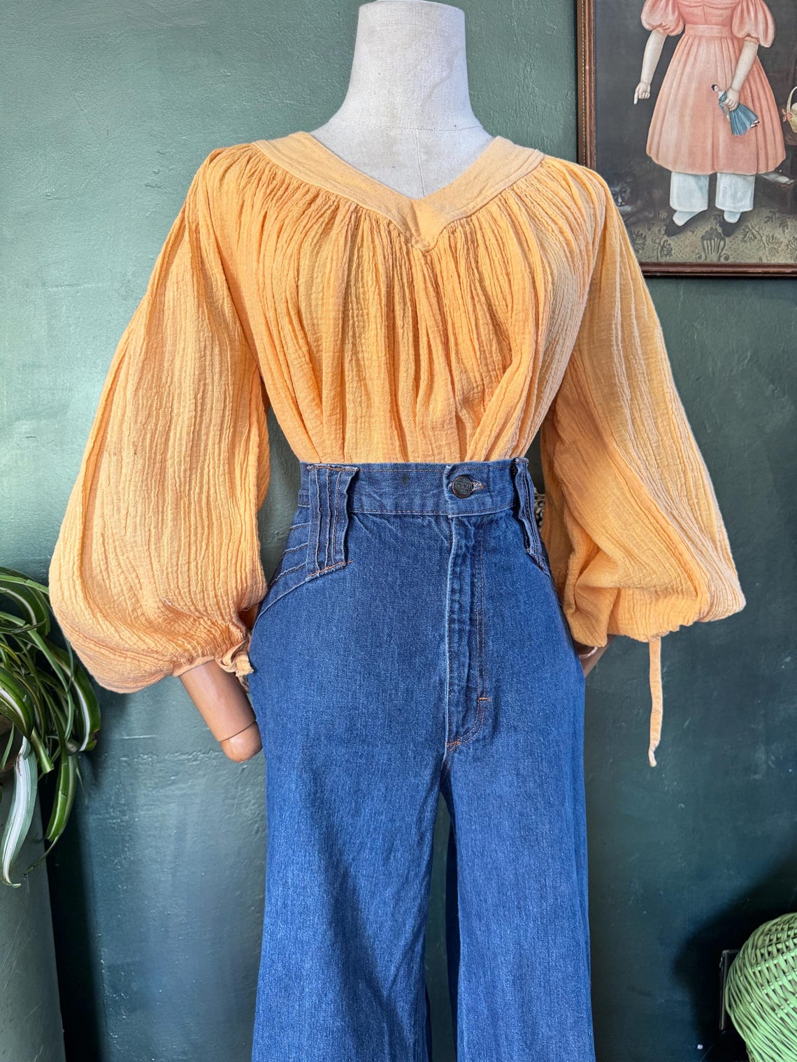 1970s  orange crinkle cotton balloon sleeve top