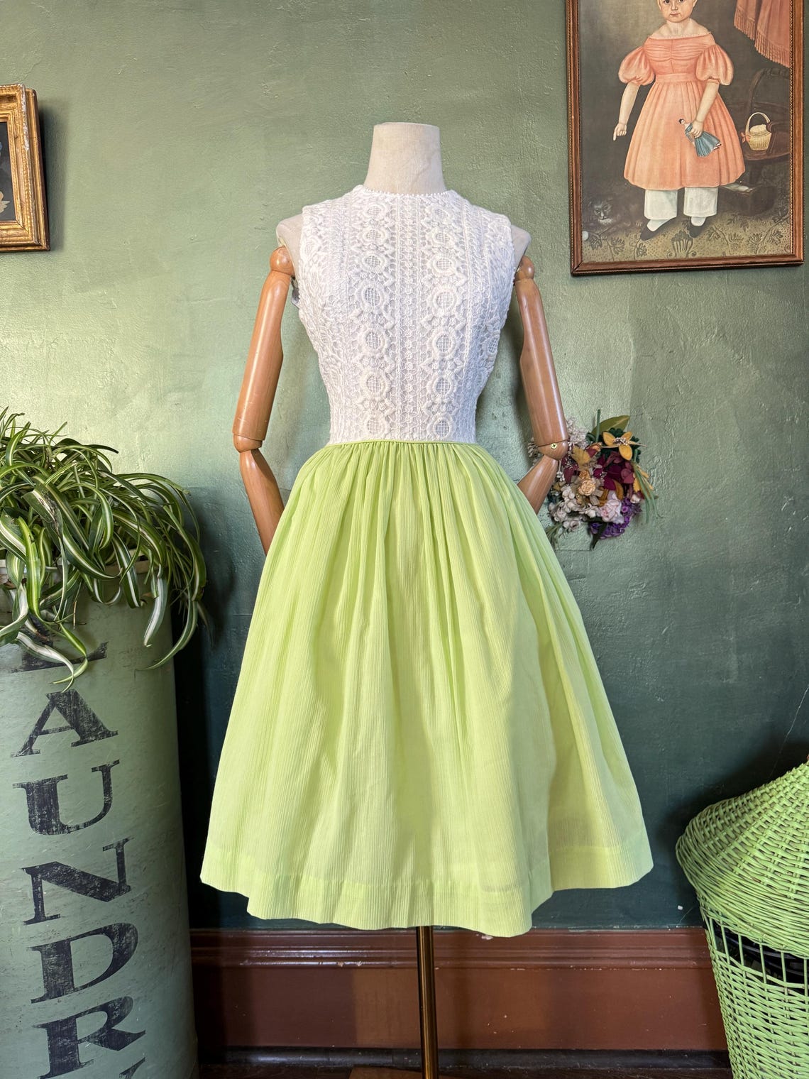 1960s Chartreuse and white fit & flare