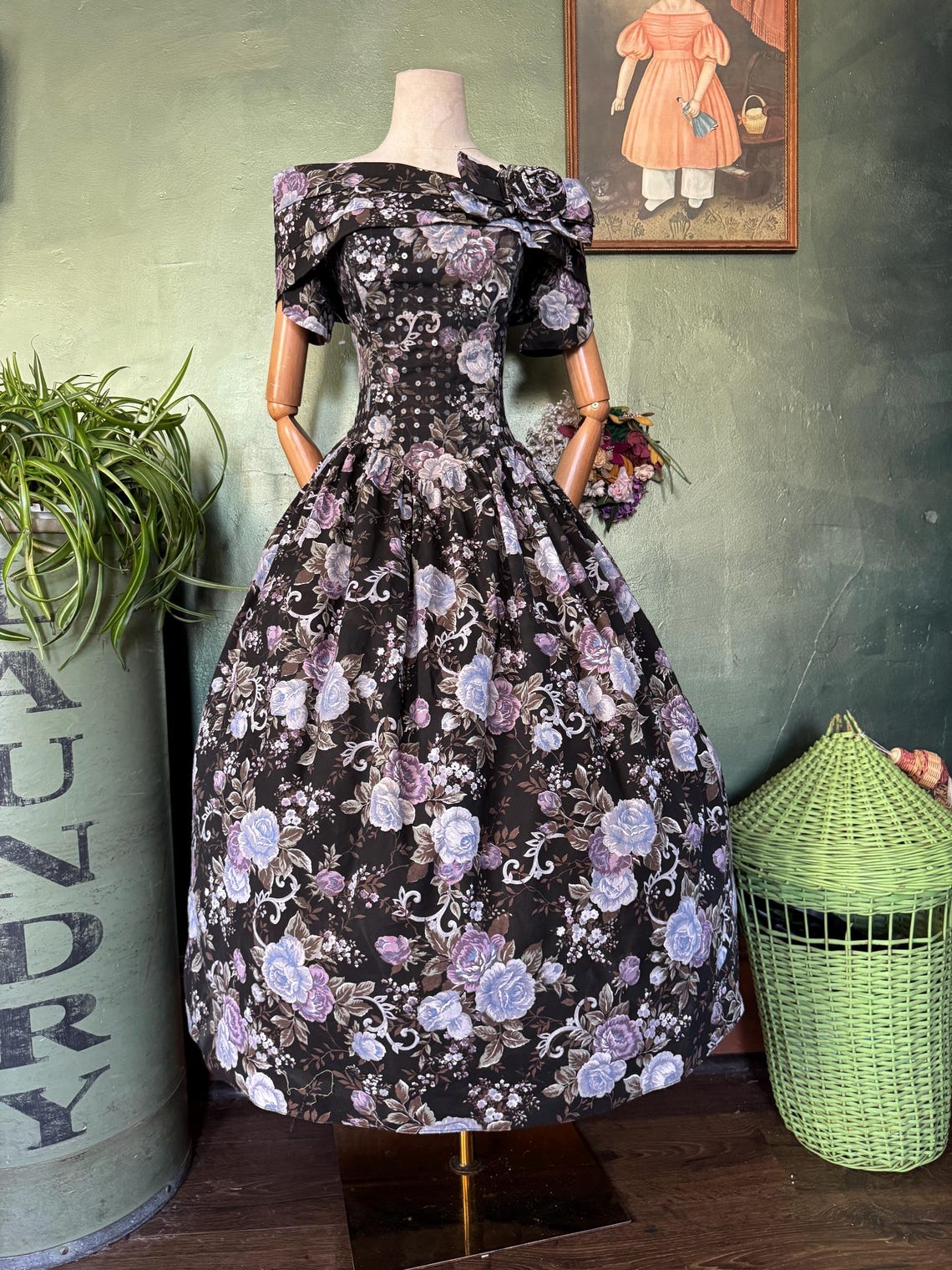 1980s Black Floral Sequined Fit and Flare