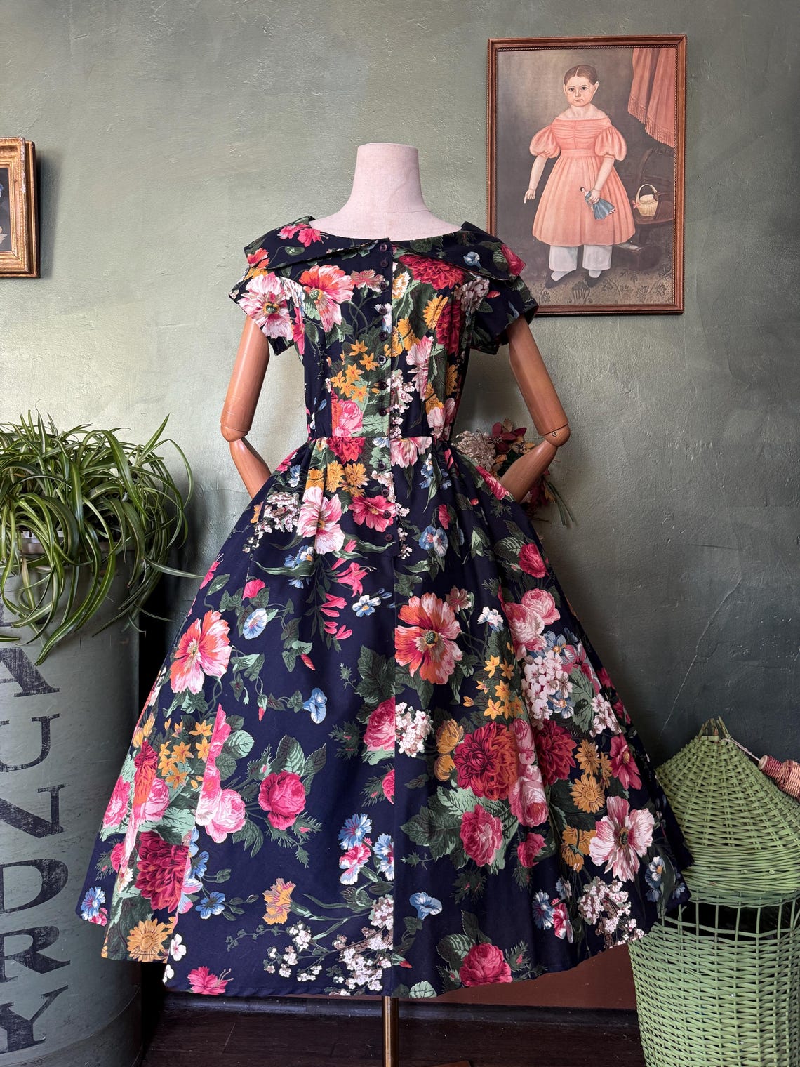 1980s Navy Botanical Fit and Flare Shirt Dress