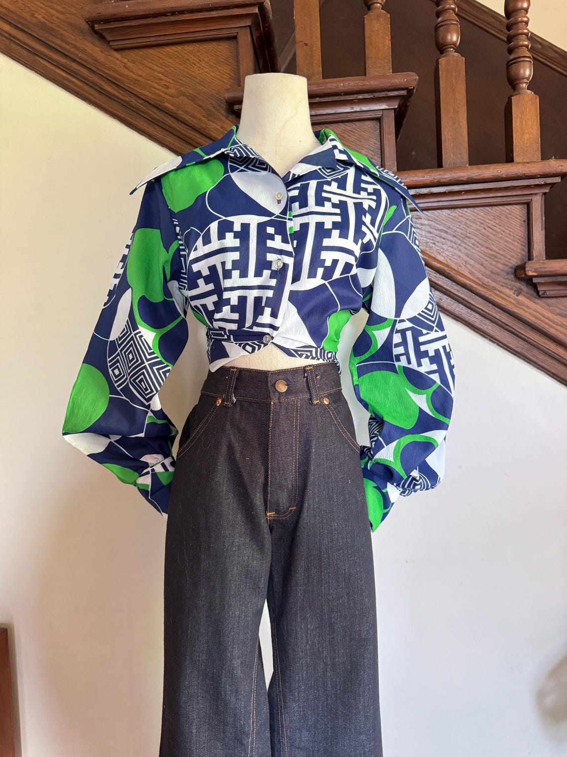 1970s Green & Blue Op Art Balloon Sleeve Blouse