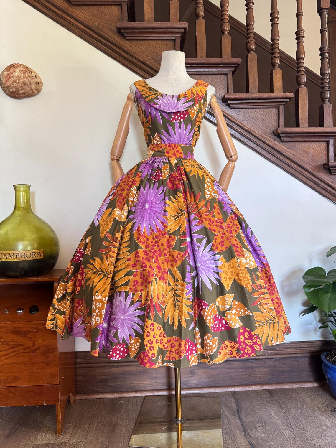 1980s tropical print for & flare dress