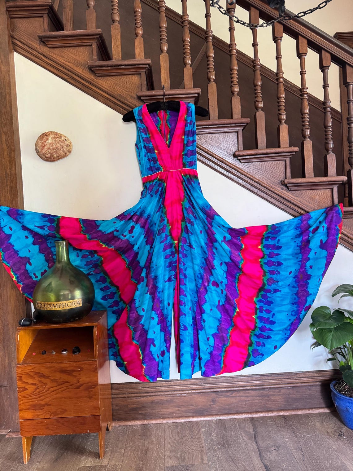 1960s Psychedelic Tye-Dye Plunge Neck Jumpsuit
