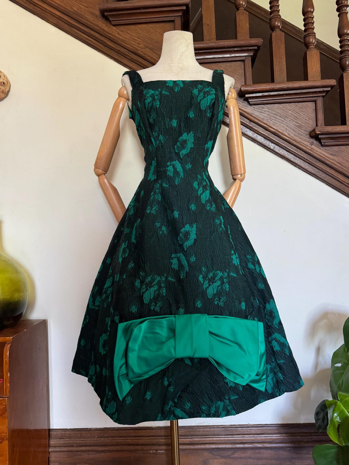 1950s Black and Emerald Floral Dress With Giant Satin Bow