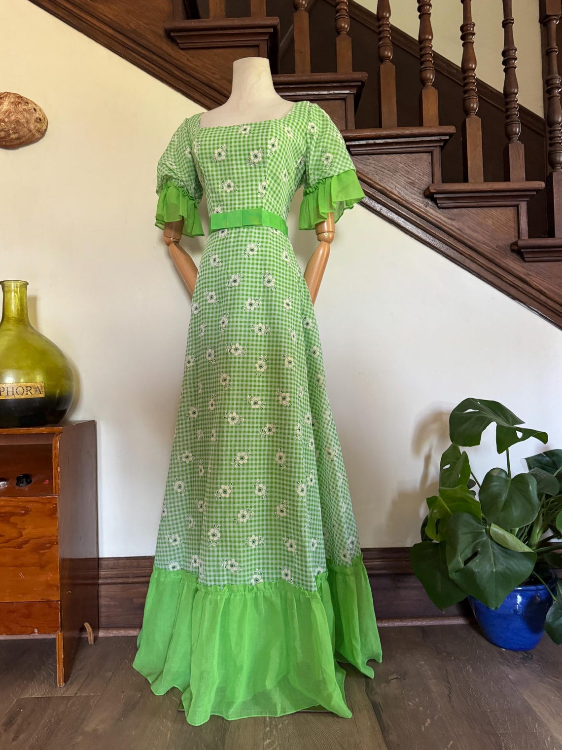 1960s Green Gingham and Flocked Daisy Print Puff Sleeve Maxi Dress