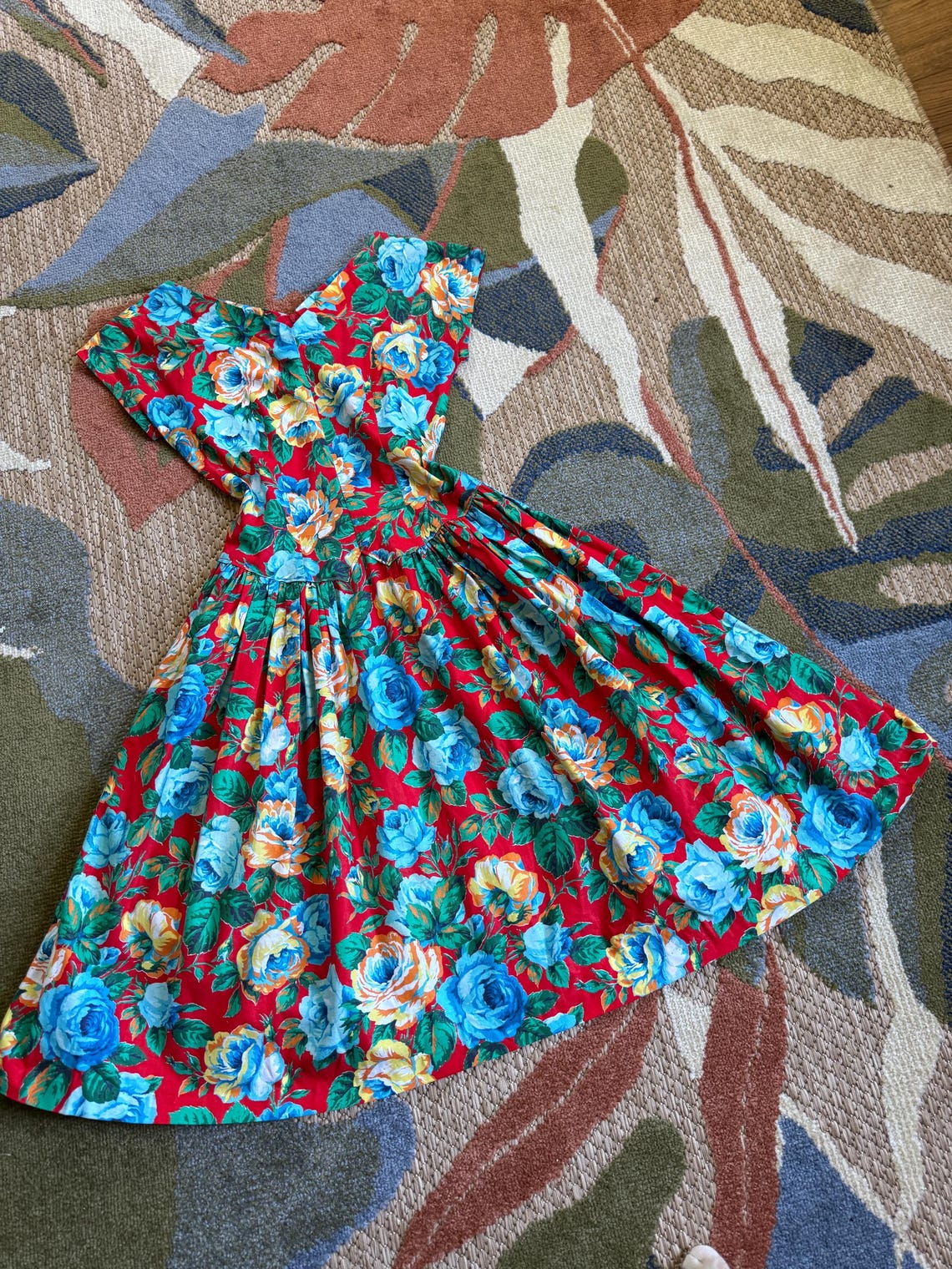 1980s Red and blue Rose Print Fit and Flare Dress