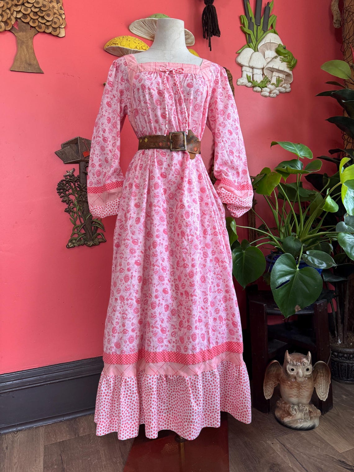 1970s pink maxi floral print prairie dress