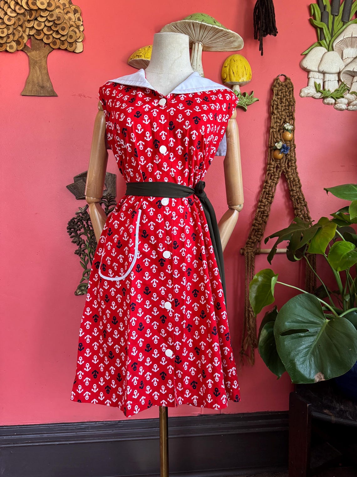 1960s red nautical anchor print shift dress
