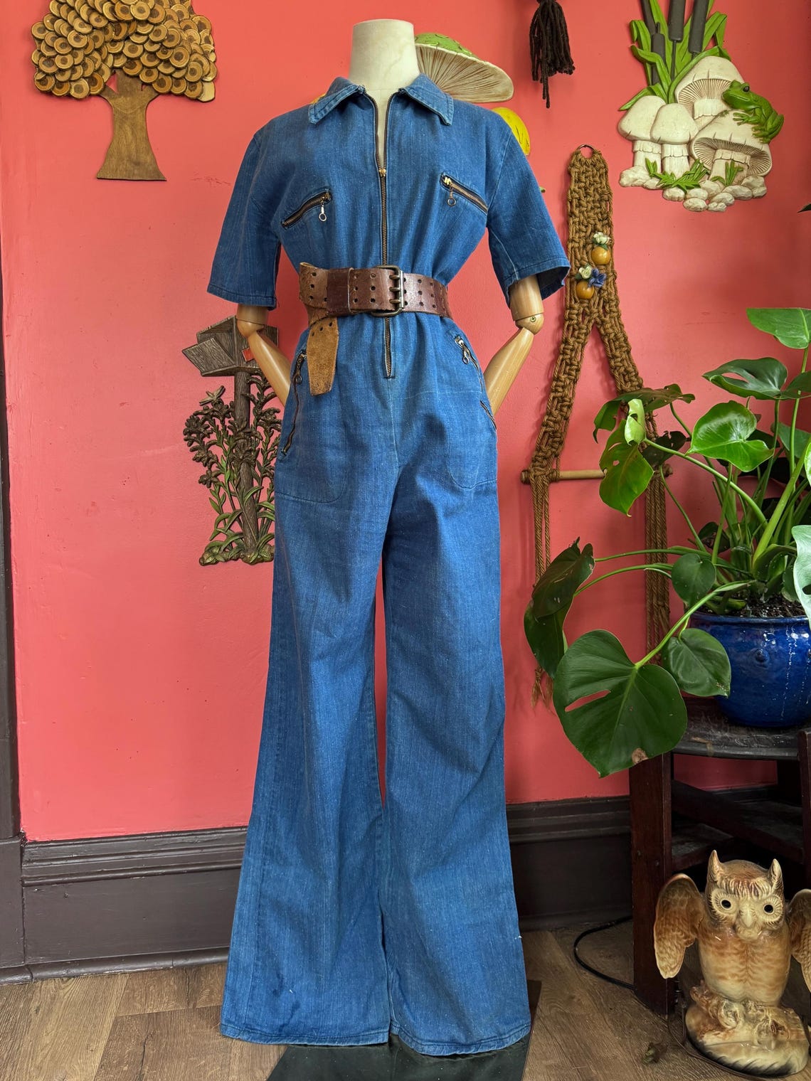 1970s denim front zip jumpsuit