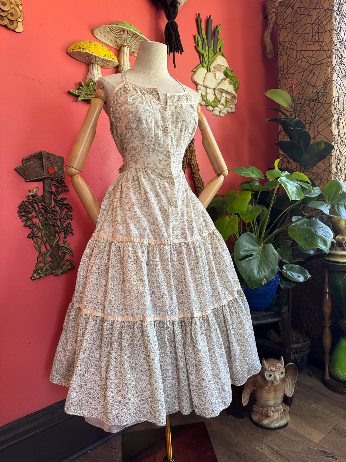 1970s beige floral tiered halter dress