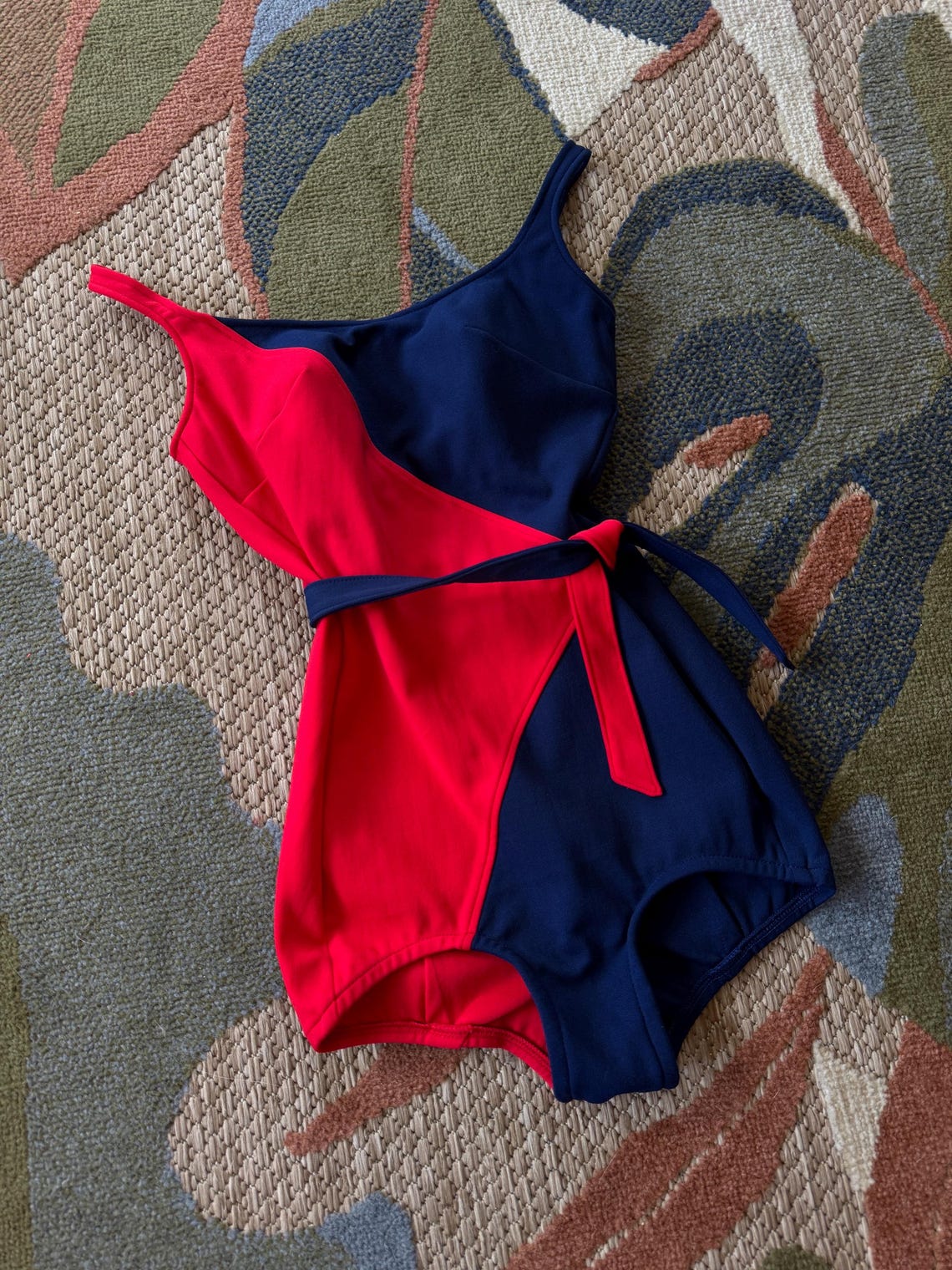1960s navy and red wrap swimsuit