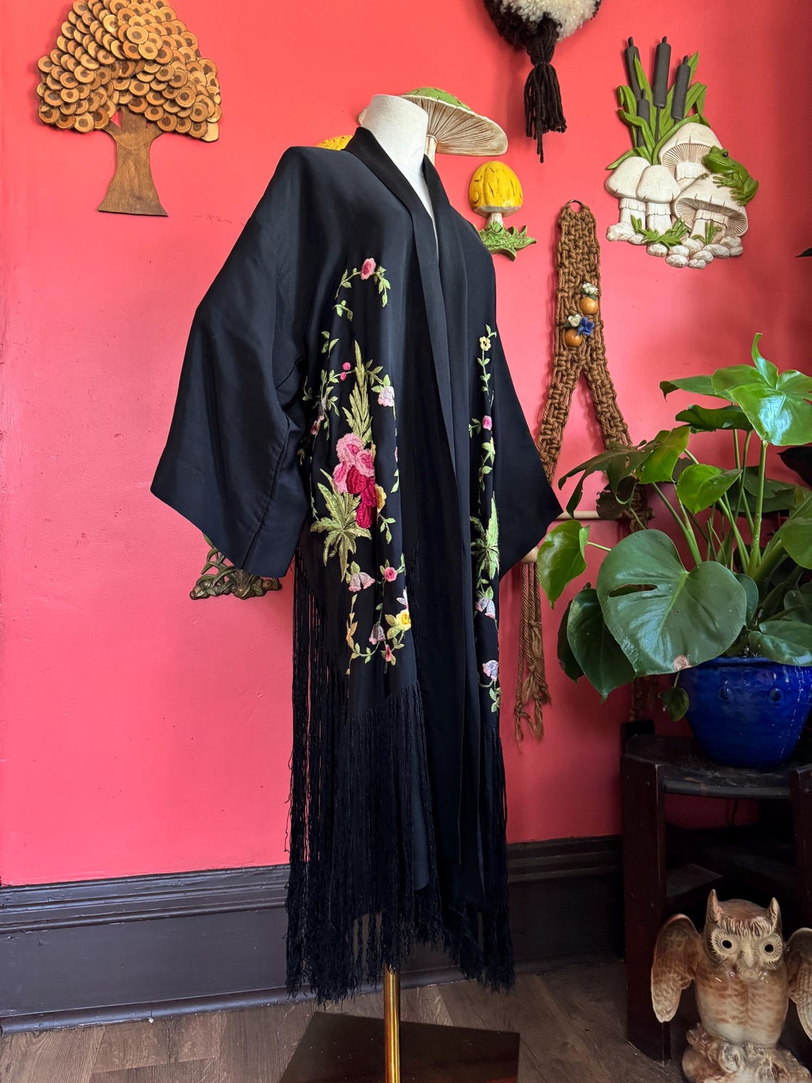 1920s black silk embroidered fringe robe