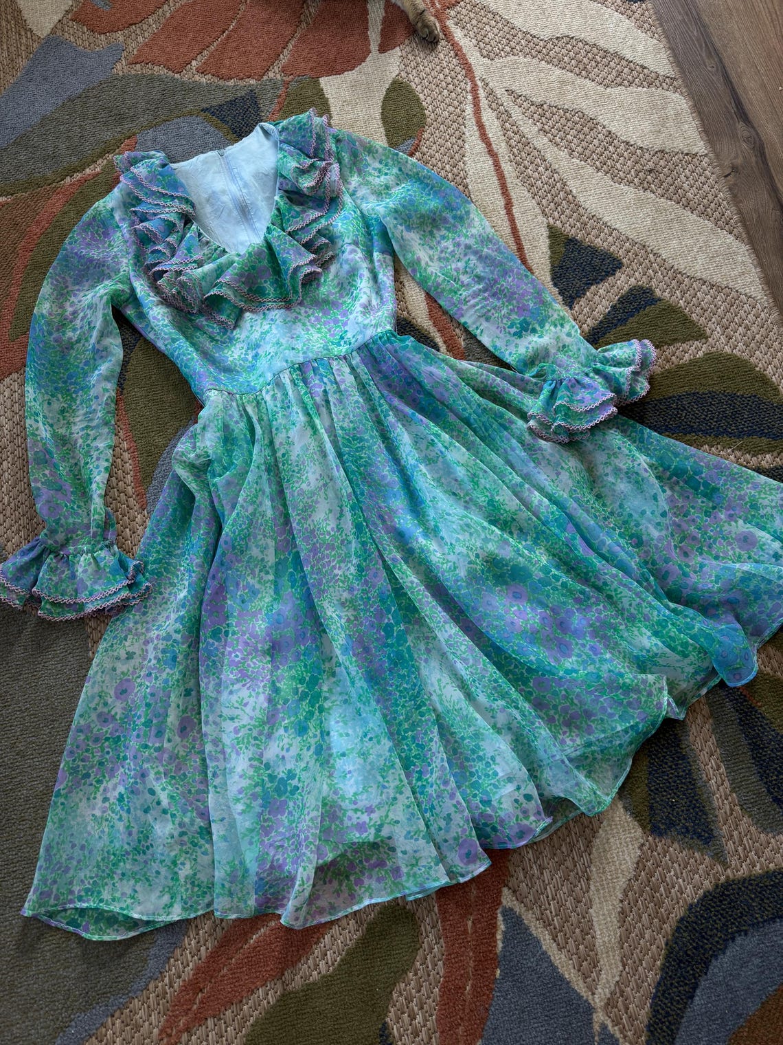 1970s blue and purple floral ruffled fit, and flare dress