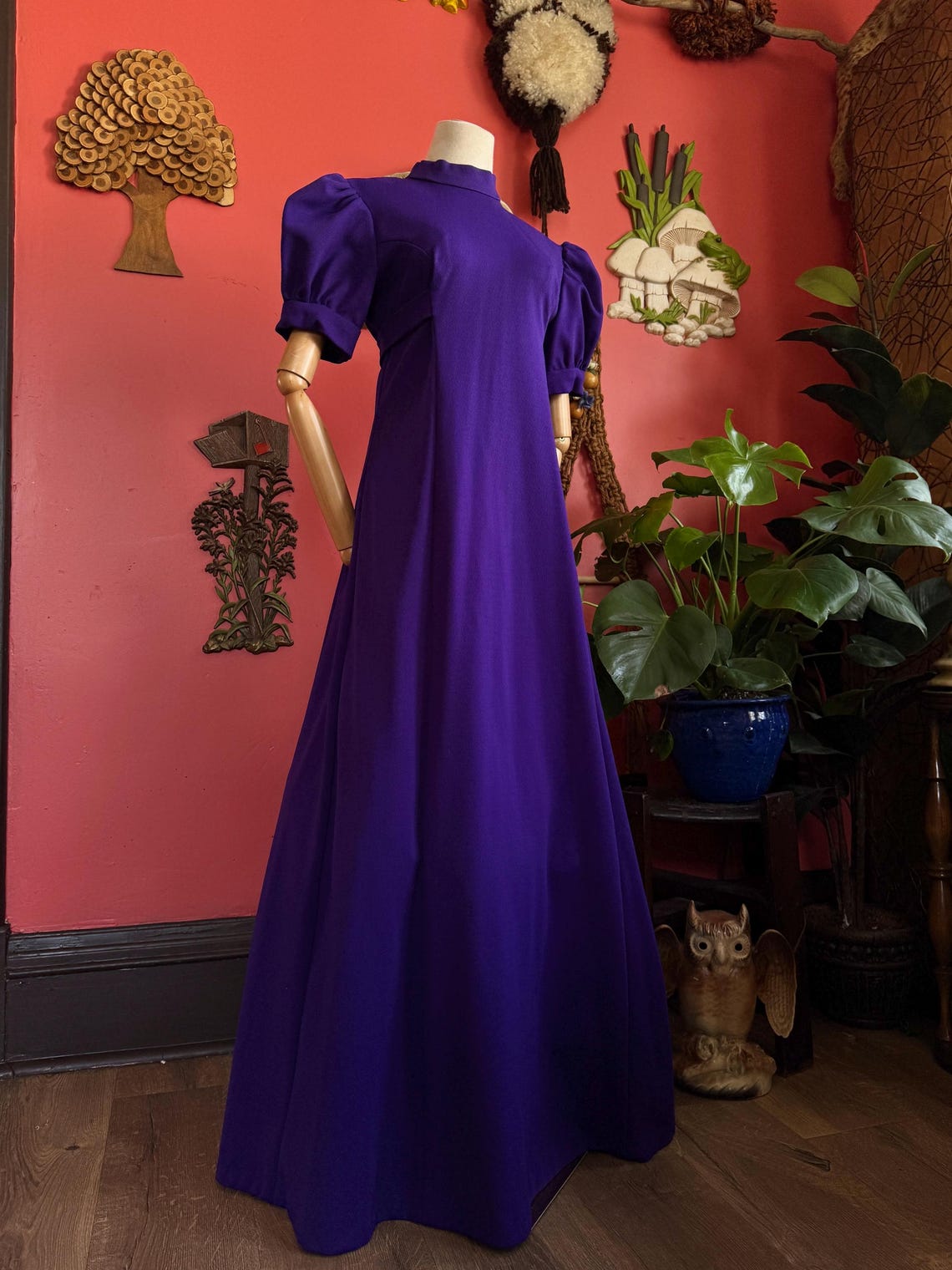 1960s purple empire waist maxi dress