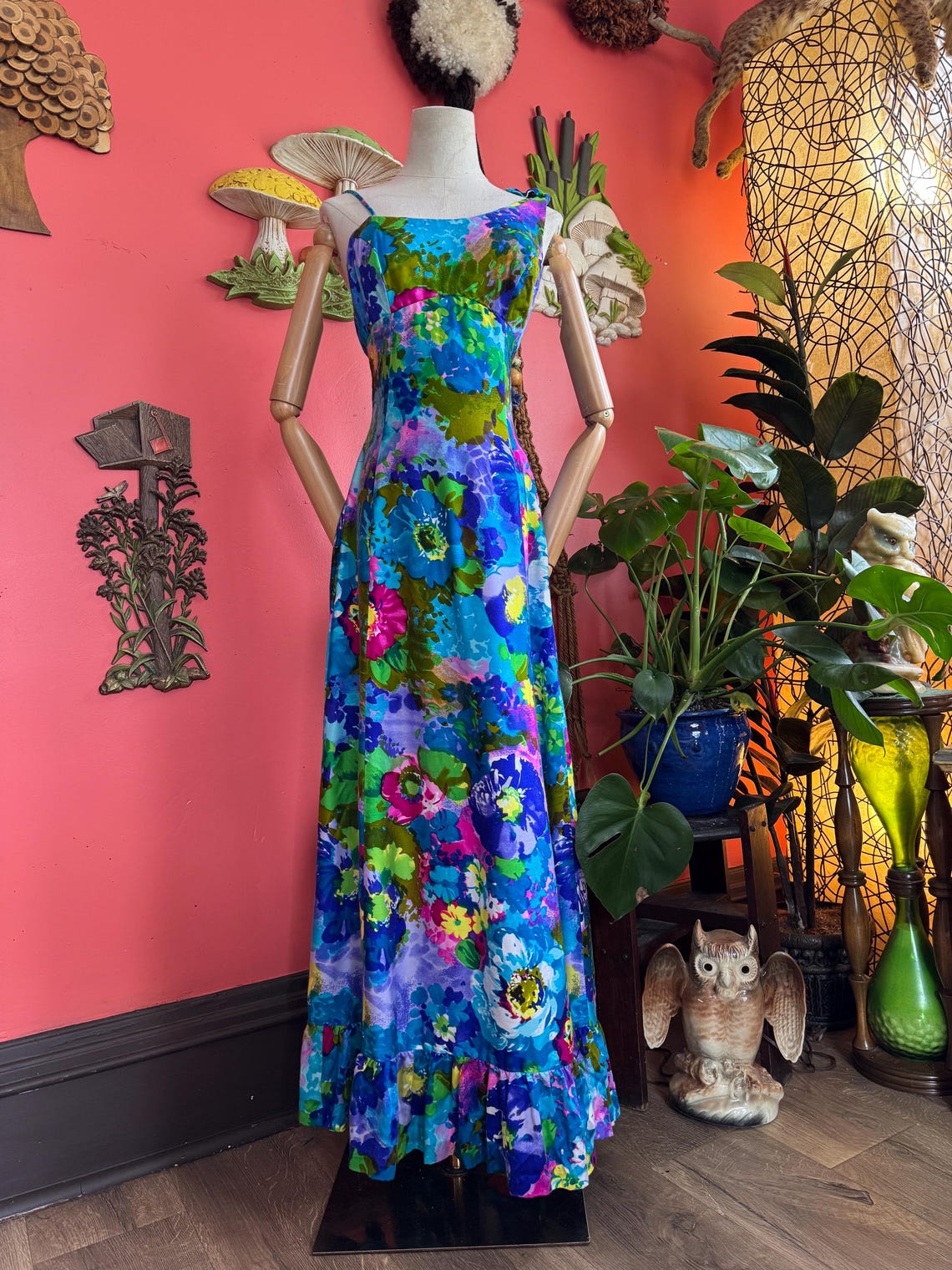 1970s Colorful floral sarong maxi dress