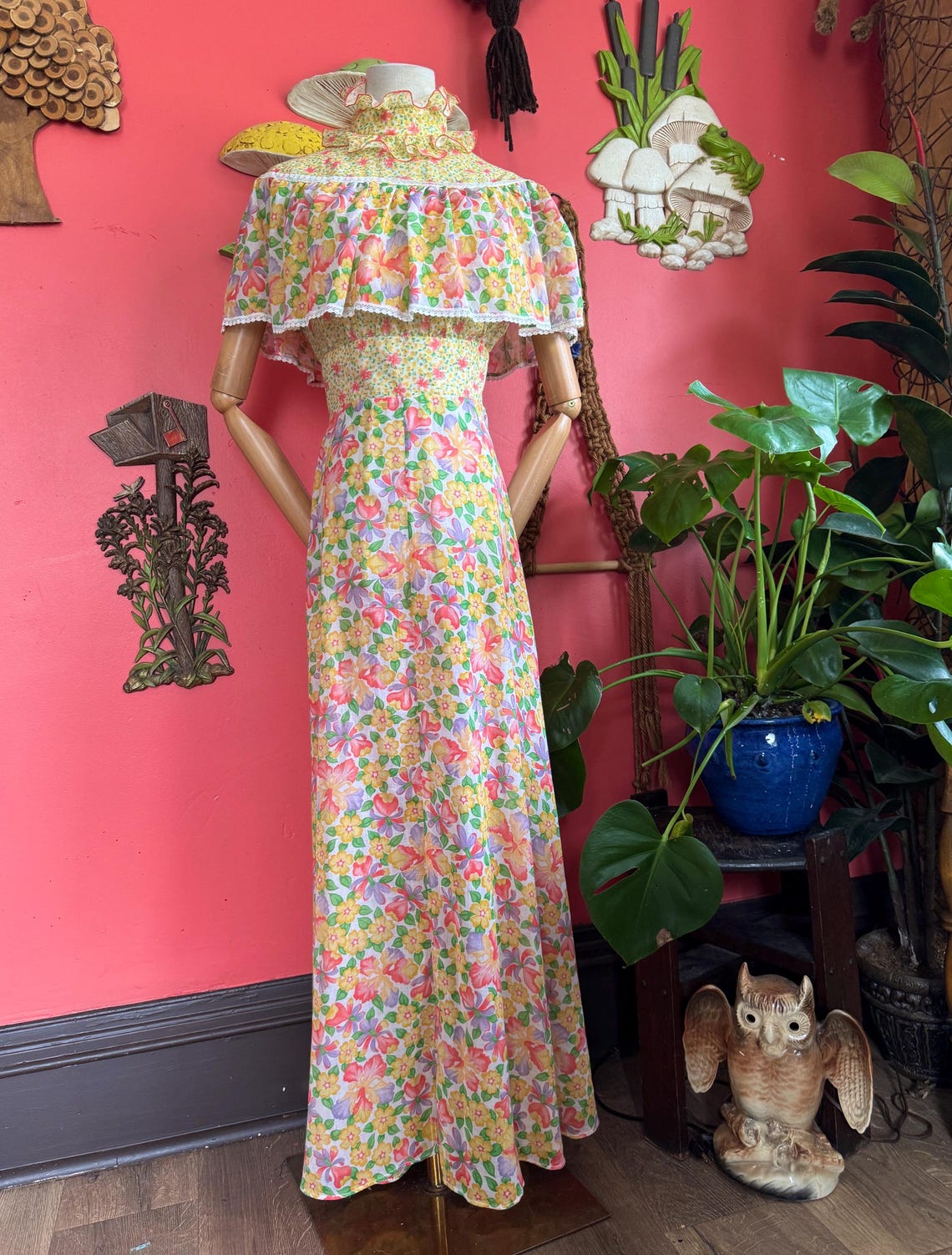 1970s Slightly sheer rainbow lily ruffled maxi dress