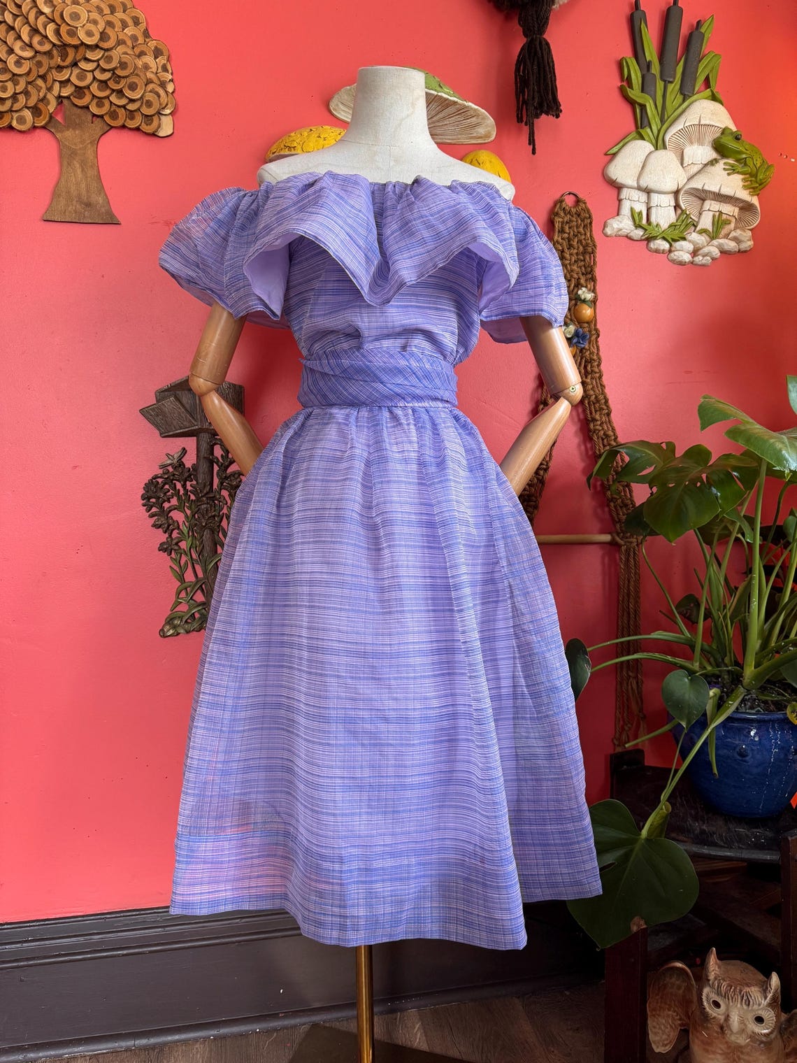 1970s Early 80s lavender striped ruffled fit and flare dress