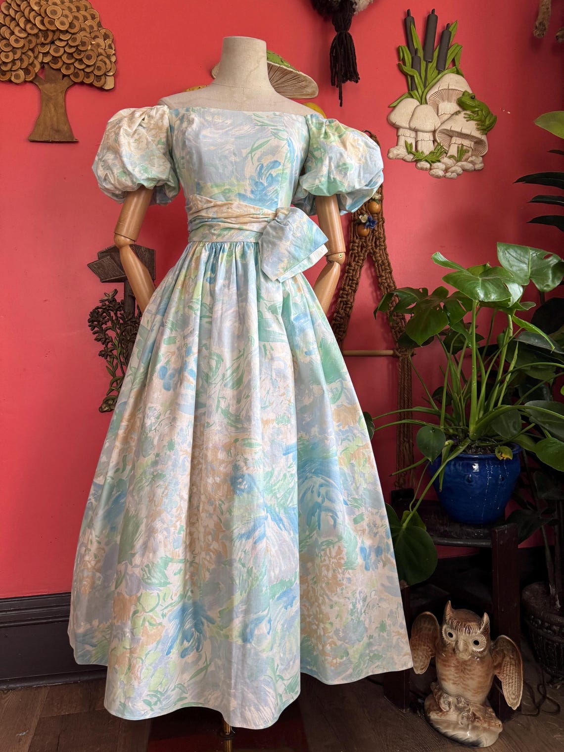 1980s Blue pastel floral off the shoulder puff sleeve dress