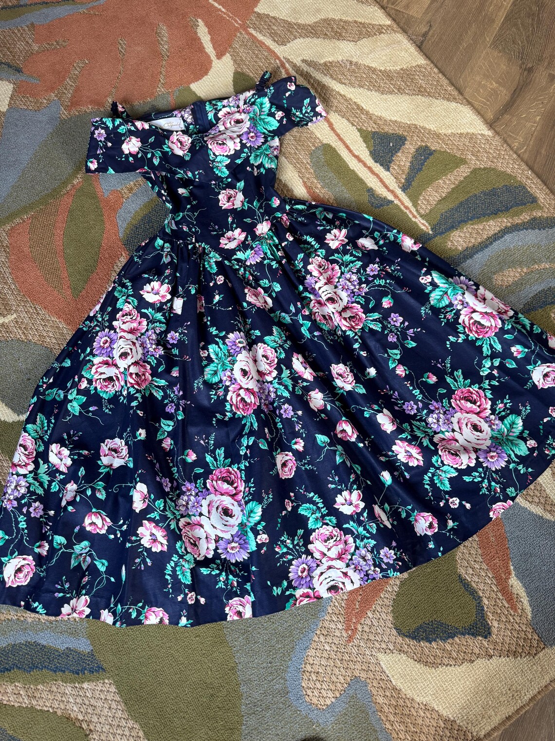 1980s Deep blue polished cotton floral off the shoulder dress