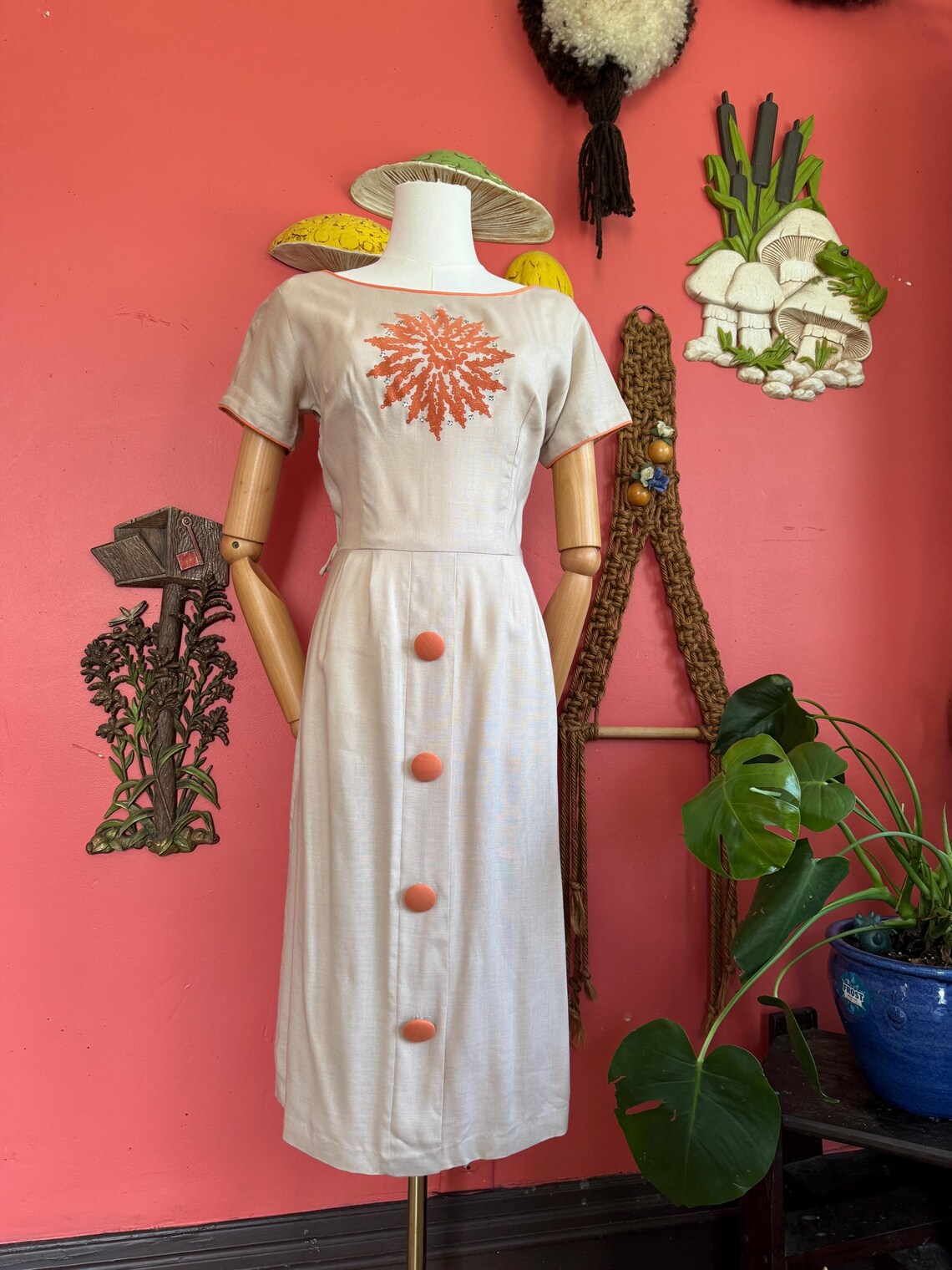 1950s beige and orange sheath dress with rhinestone accent