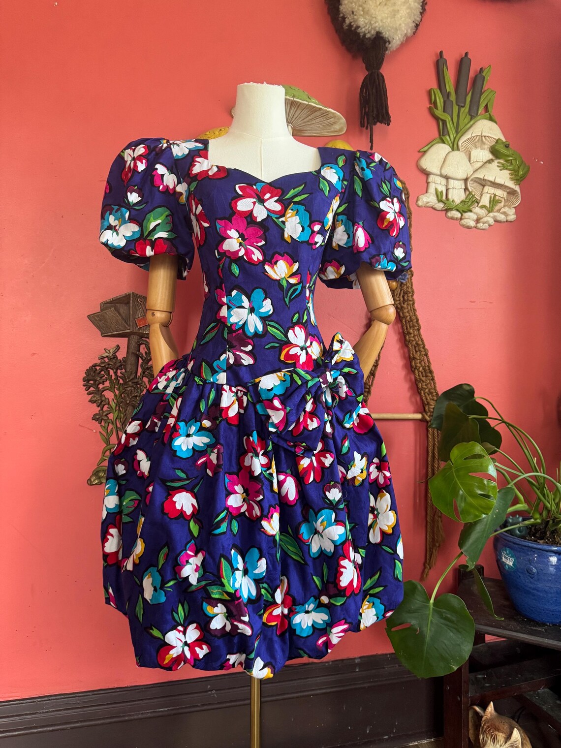 1980s Purple floral bubble hem dress