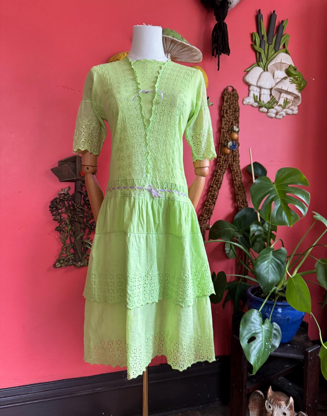 1920s chartreuse eyelet tiered dress with lavender ribbon