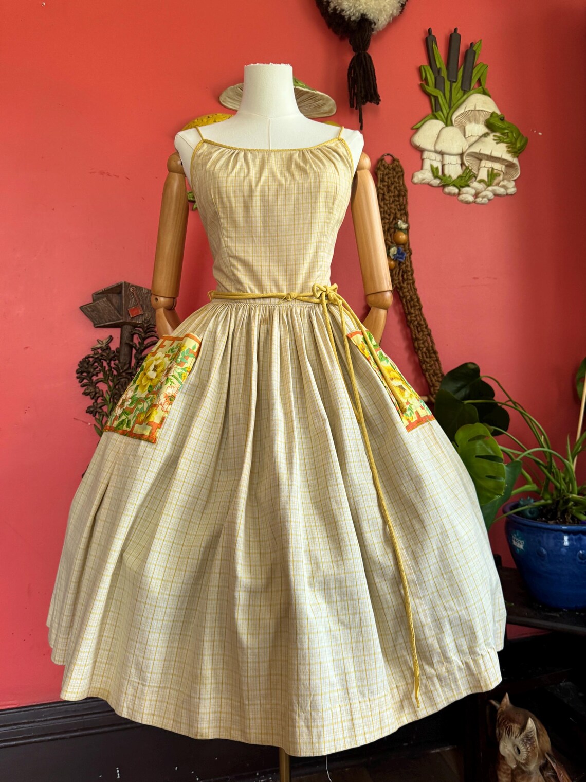 1950s yellow windowpane sundress with floral pockets