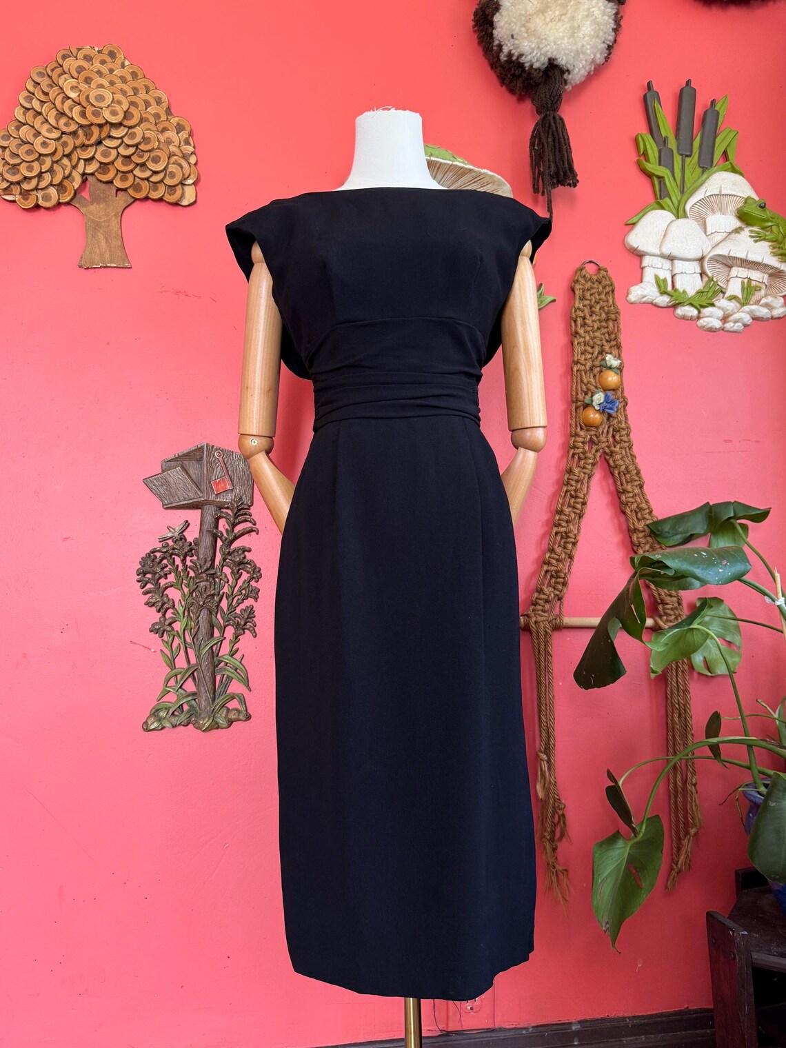 1950s Black Crepe Sheath Dress With Plunge Back