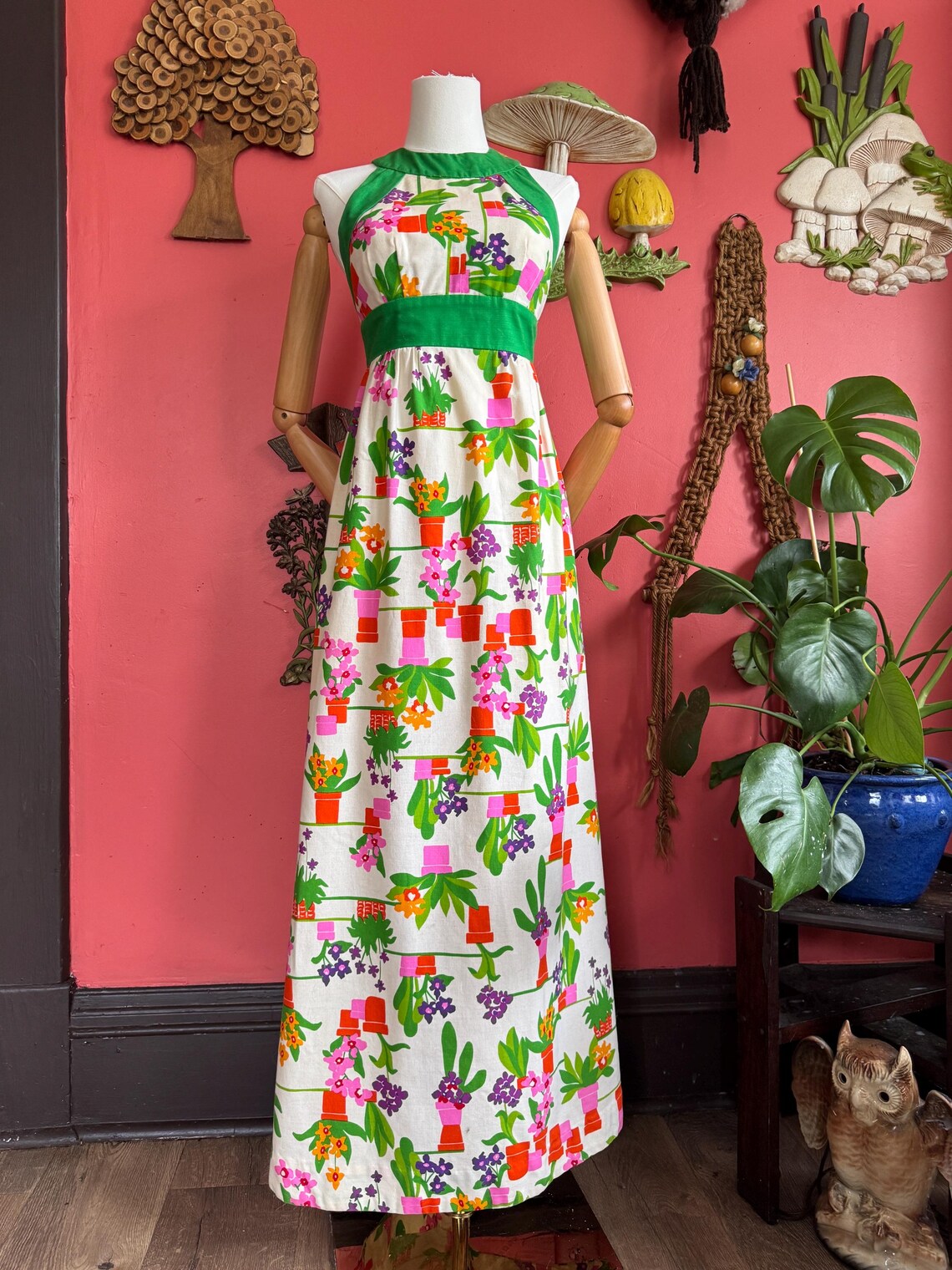 1970s Novelty  Plant Print Maxi Dress