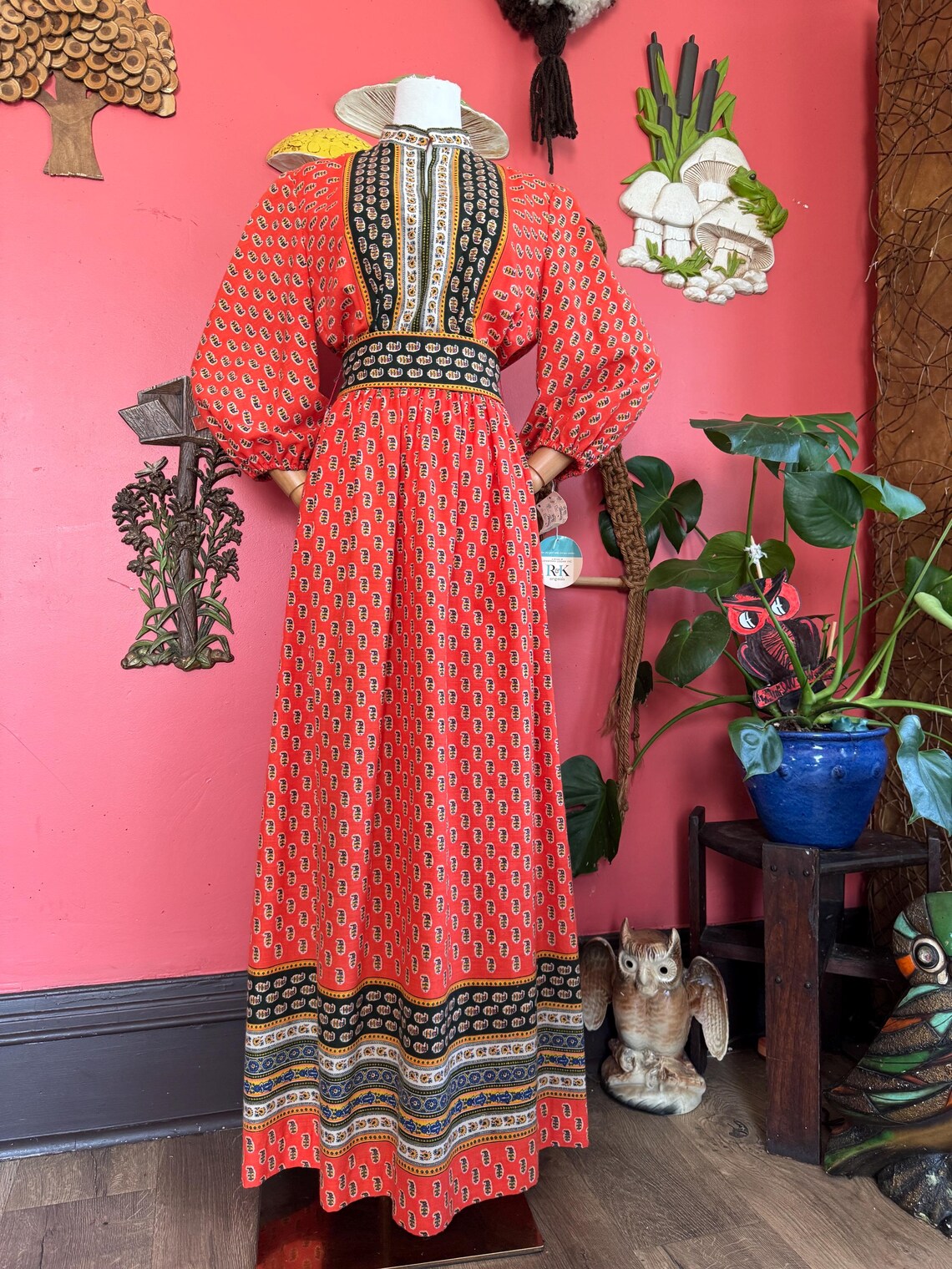 1960s Deadstock Orange Geometric Print Long Sleeve Maxi Dress