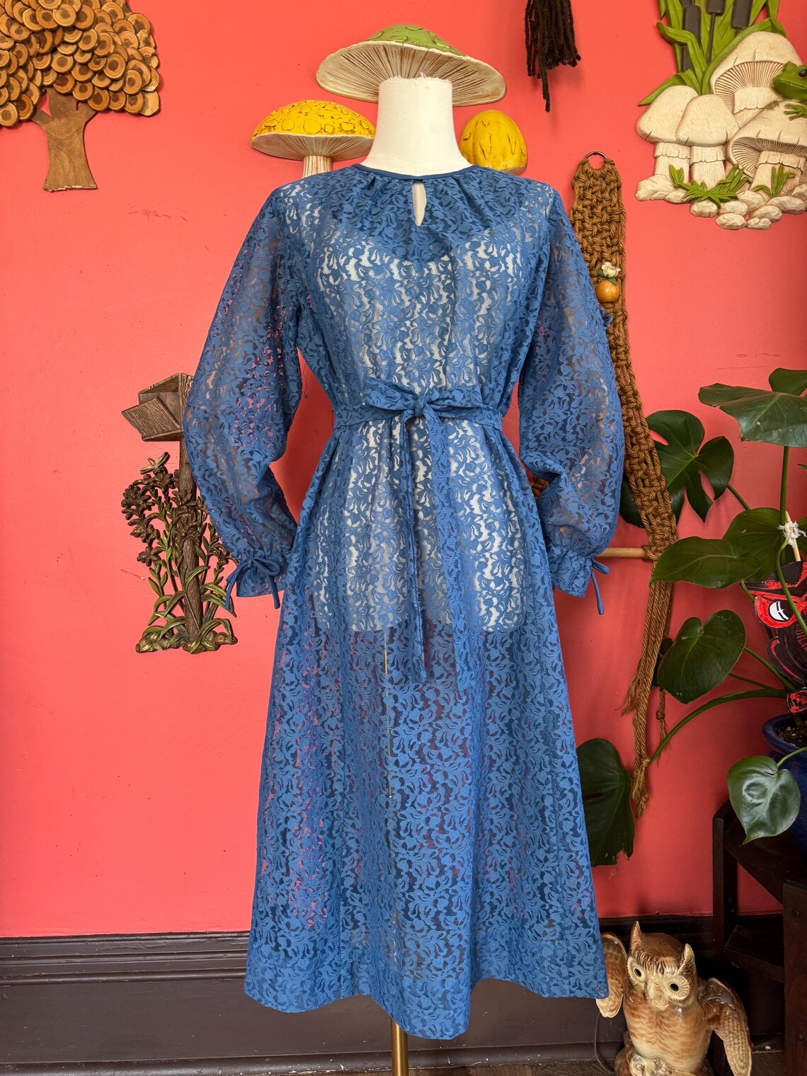 1960s Early 70s Blue Floral Lace Long Sleeve Dress