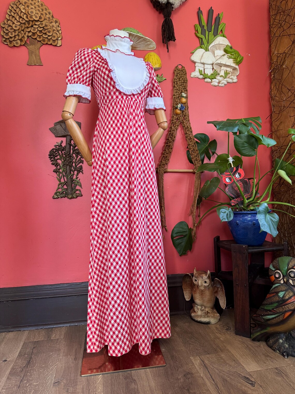 1960s Red Gingham Puff Sleeve Maxi Dress