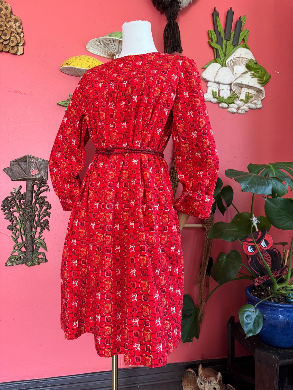 1960s Red Novelty Print Long Sleeve Tent Dress