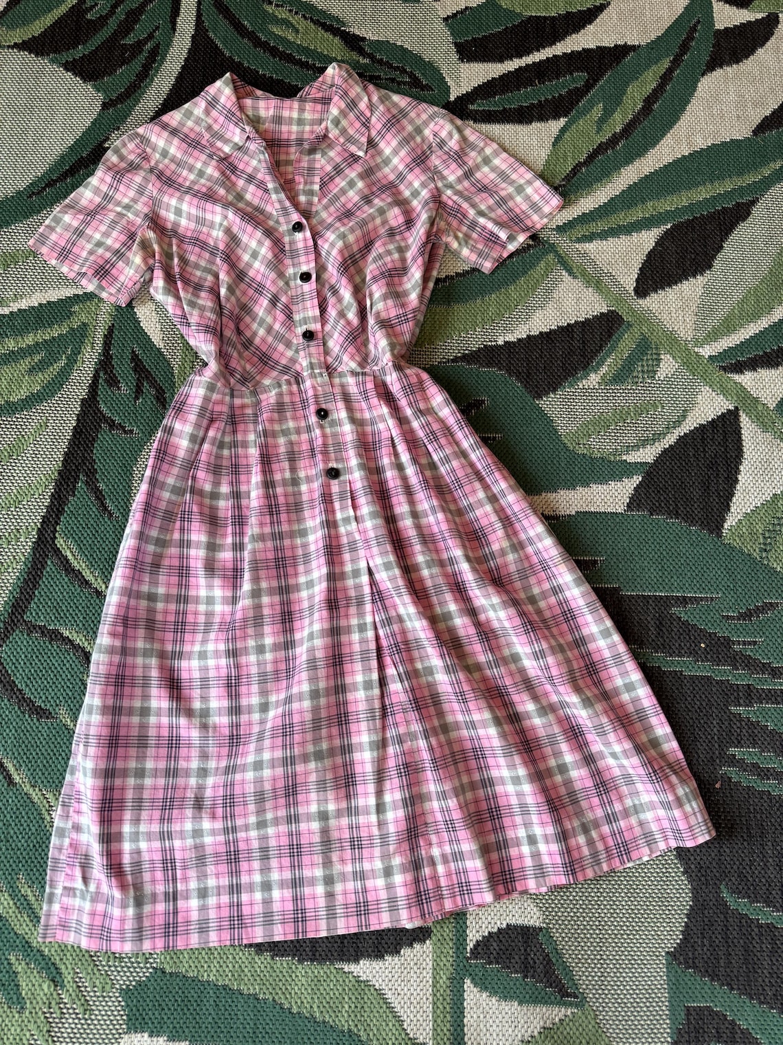 1950s Pink Plaid Shirt Dress