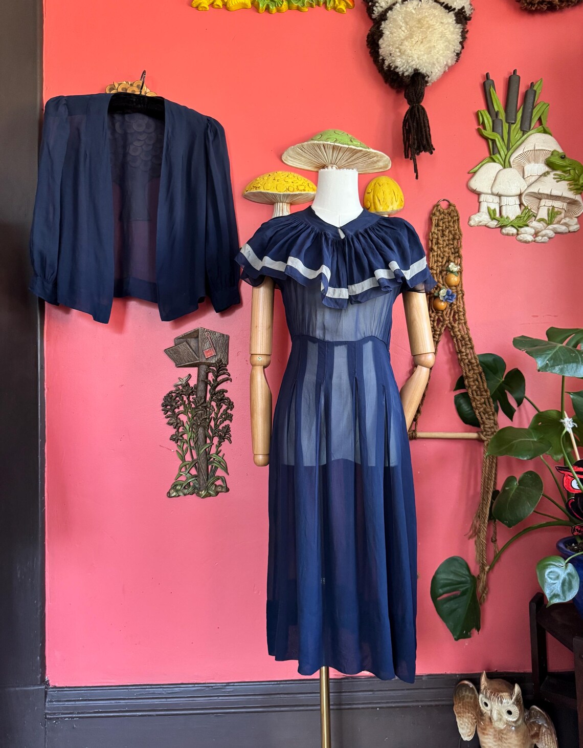 1930s Navy Blue Sheer Chiffon Puff Sleeve Dress With Bolero