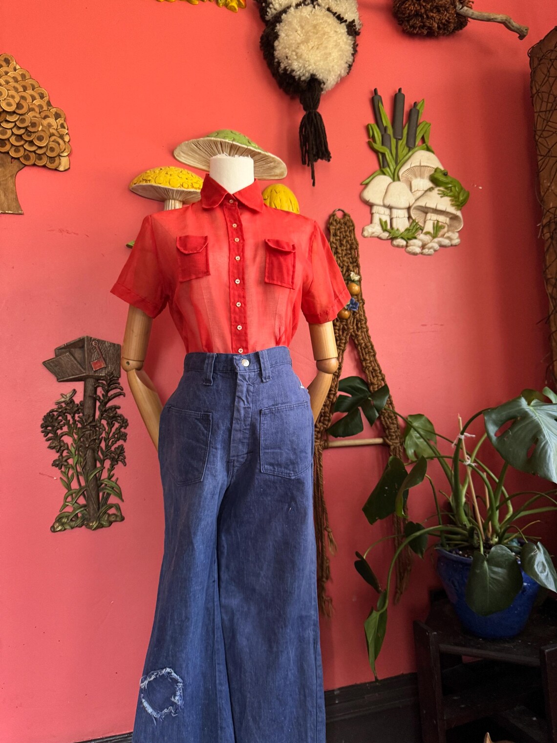 1970s Sheer Burnt Orange Button Up