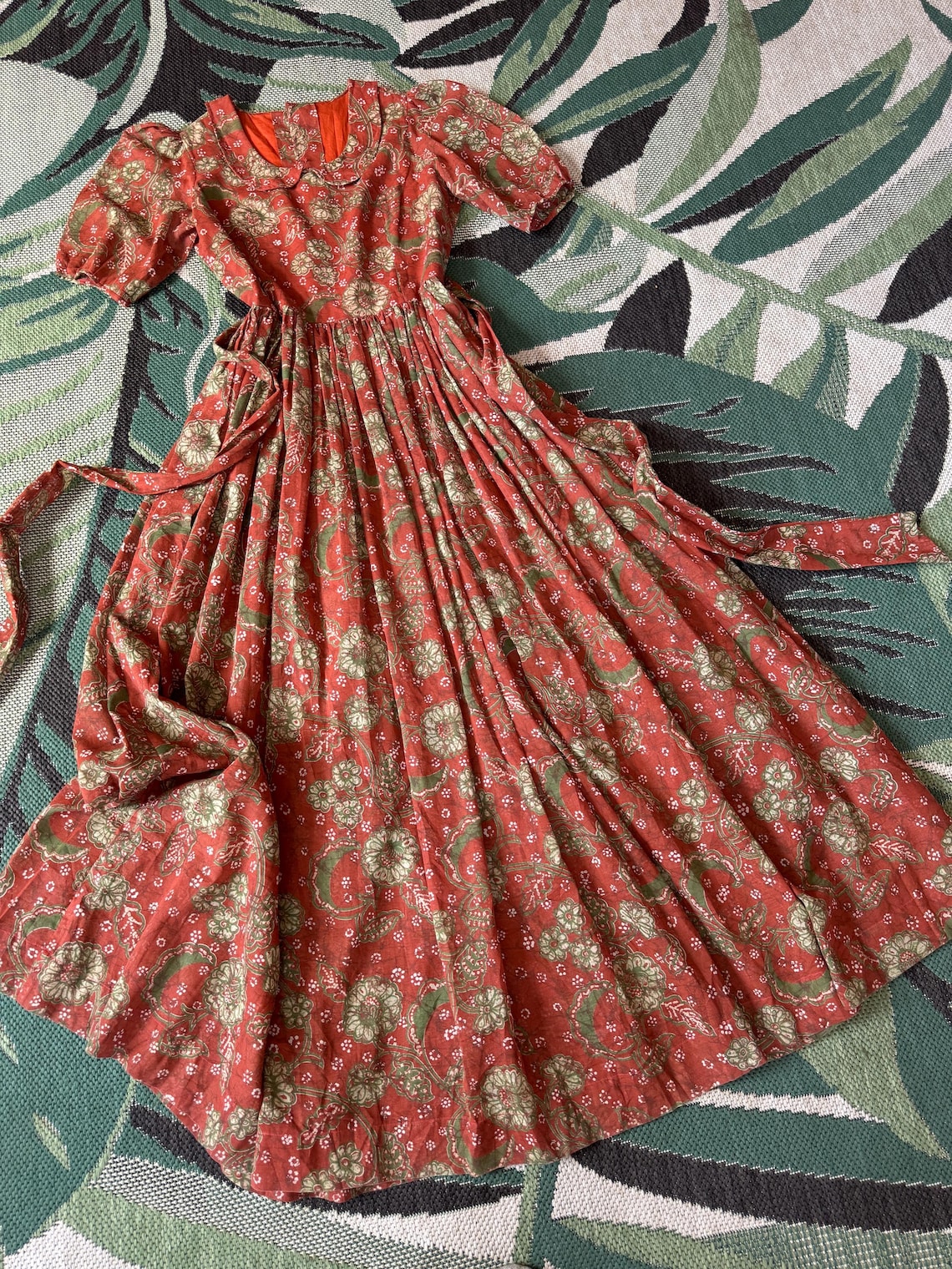 1960s Slightly Sheer Rust and Olive Floral Maxi Dress