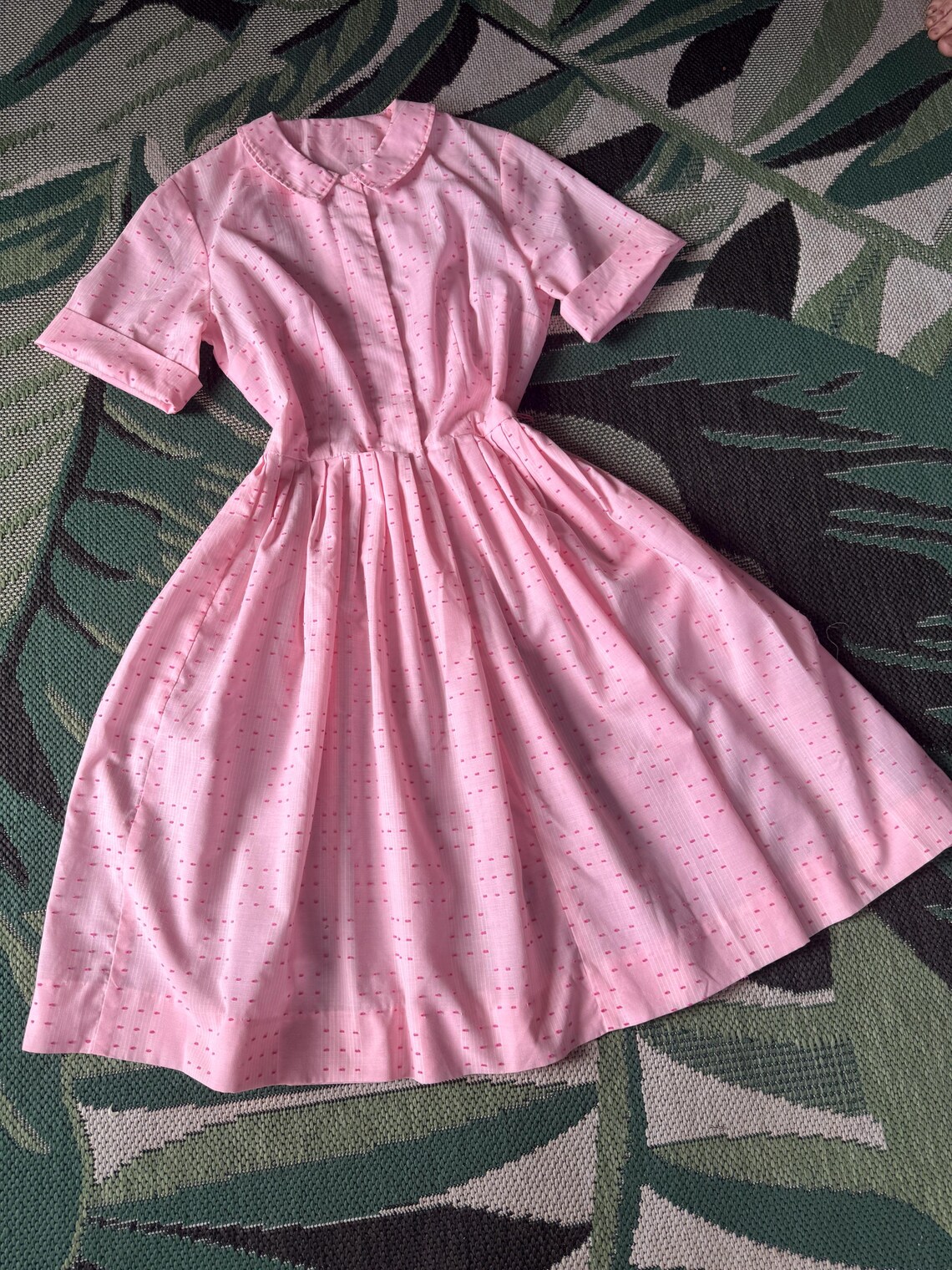 1950s Pink Slubbed Fit and Flare Shirt Dress